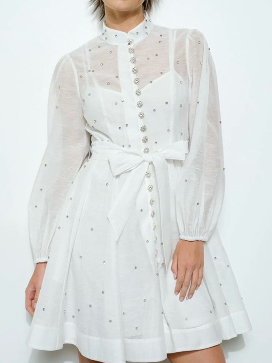 Dresses & Skirts - Embellished White Tie-Waist Mini Dress